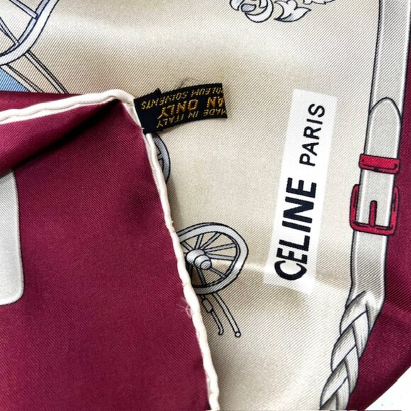 Unused Celine Paris Scarf  100% Silk  34" Gold Tan Brgendy Carriage Horses (39) - Picture 9 of 13